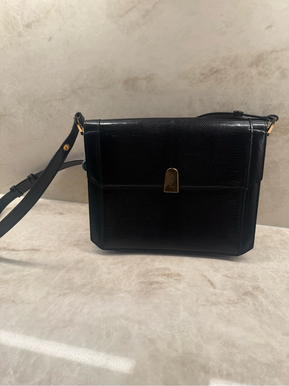 Saint Laurent Black Lizard-Embossed Leather Messenger Bag with Gold Logo Clasp